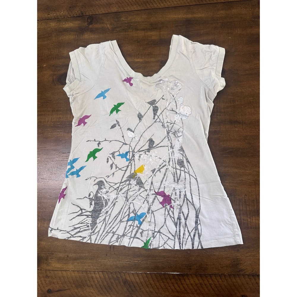 American Rag Cie Womens Medium Graphic Tee‎ Birds Nature Scoop Neck Gray Cotton